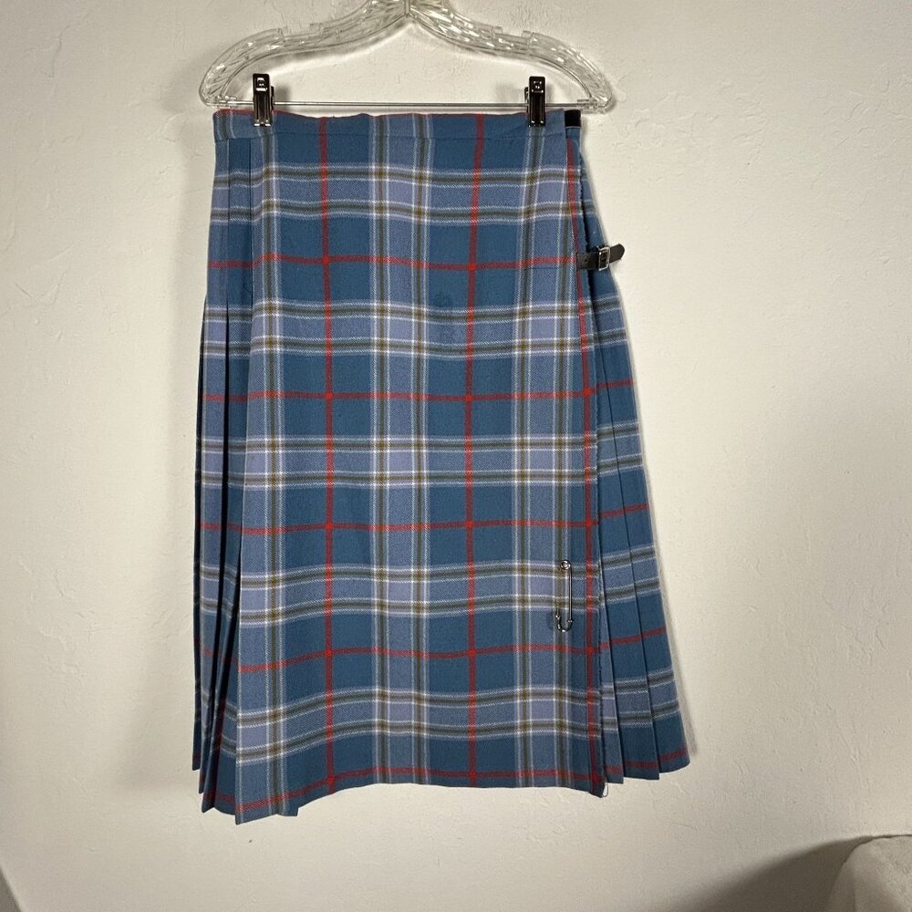 Glenisla Classics Women Plaid Tartan Kilt Skirt Size 14 Wool Blend Blue Scotland